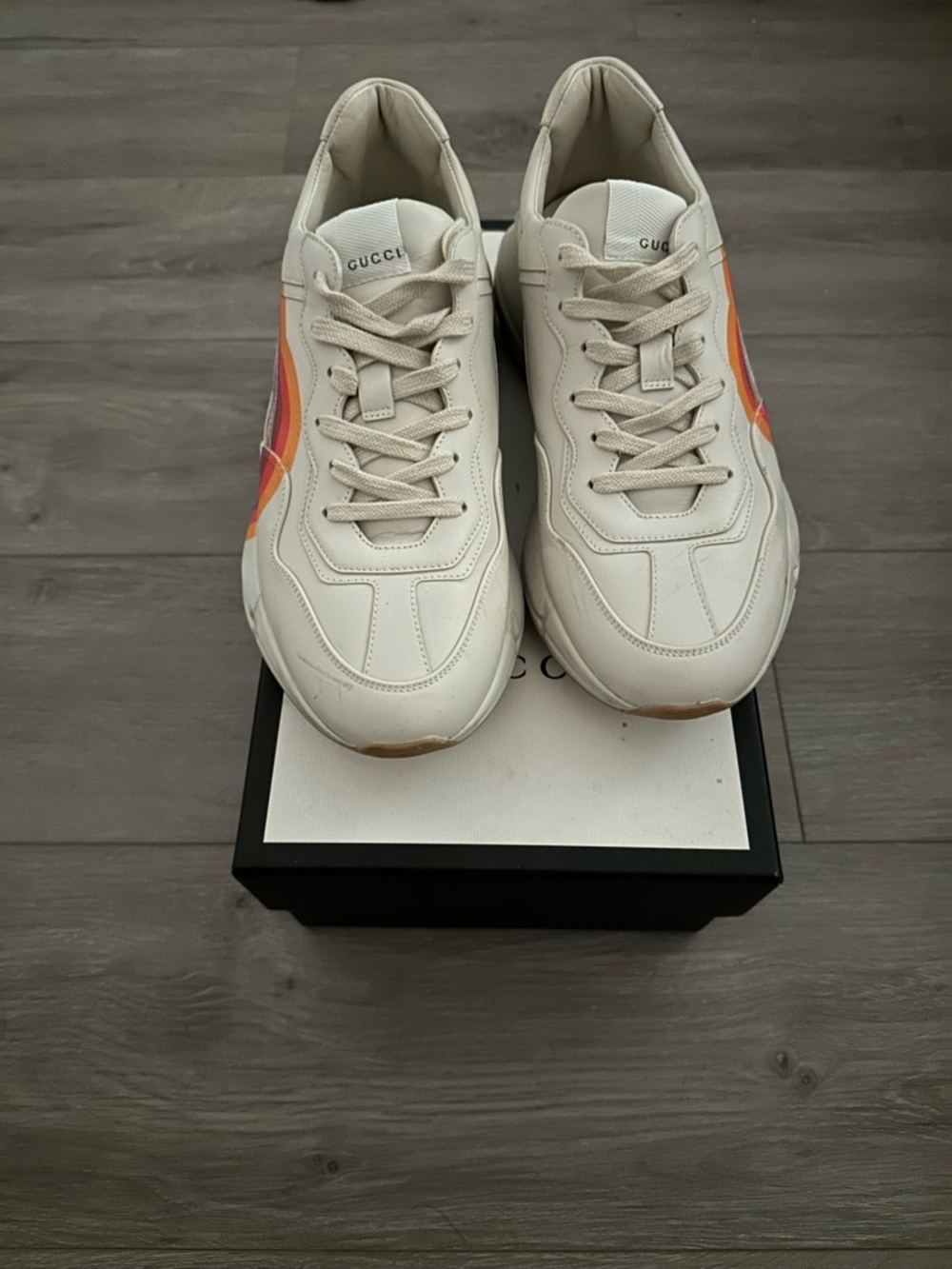 Gucci White Leather Sneakers with Red & Orange Accent Logo - Picture 3 of 6